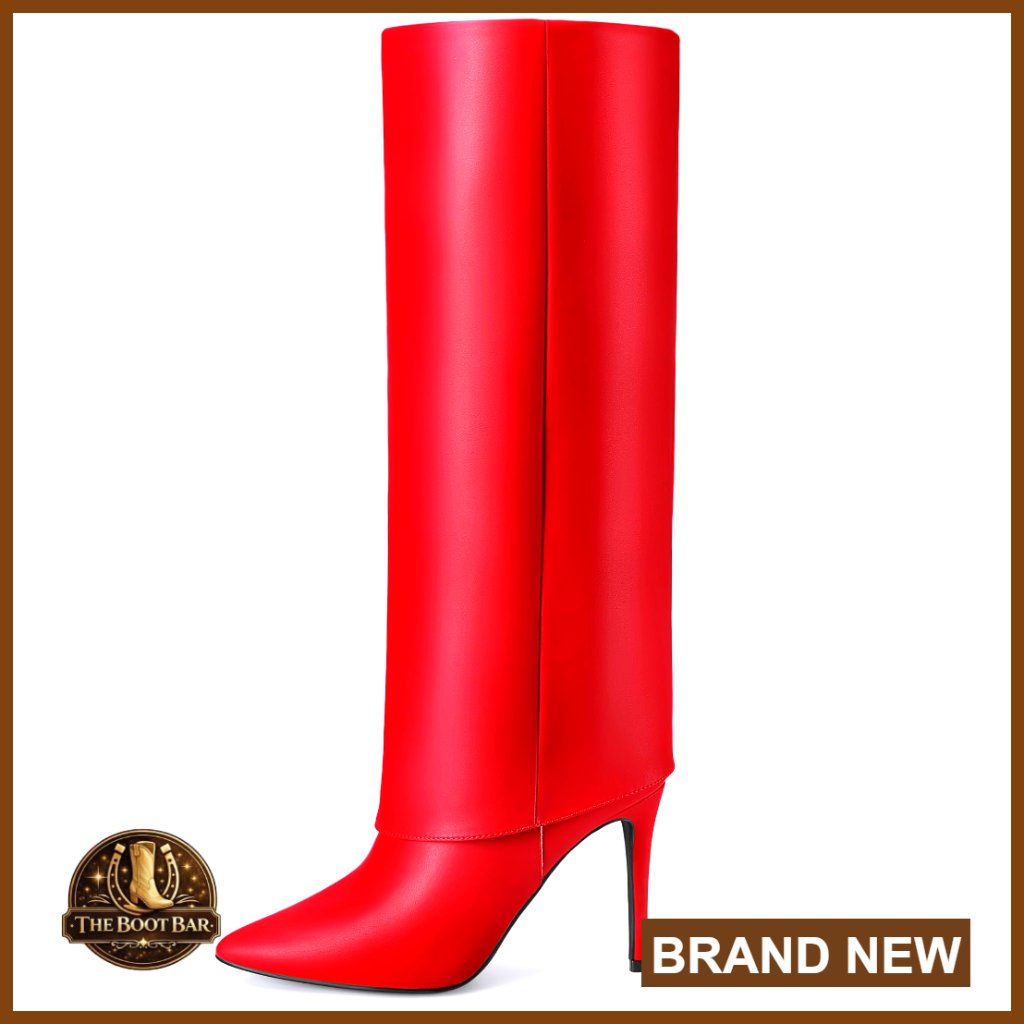 Faux Leather Knee High Boots Pointed Toe Stiletto Heel Fold Over
